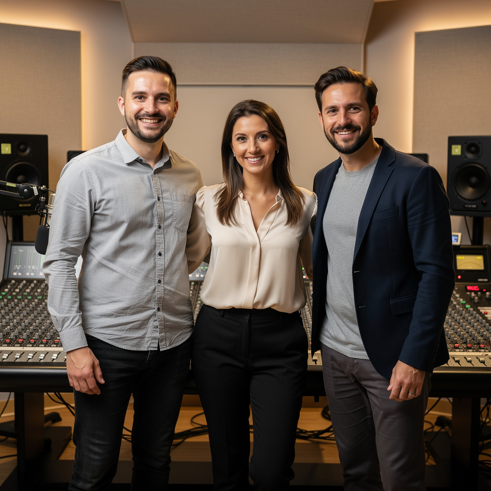 Team of audio producers working together in a mixing studio